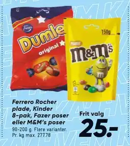 Bilka Ferrero Rocher plade, Kinder 8-pak, Fazer poser eller M&M’s poser, DKK 25 tilbud