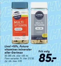 Bilka Livol +10%, Futura vitaminer/mineraler eller Gerimax, DKK 85 tilbud