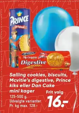 Bilka Salling cookies, biscuits, Mcvitie’s digestive, Prince kiks eller Dan Cake mini kager, DKK 16 tilbud