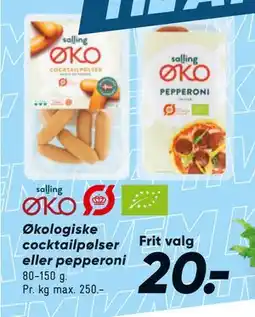 Bilka Økologiske cocktailpølser eller pepperoni, DKK 20 tilbud