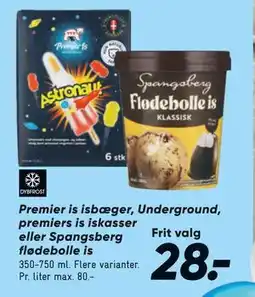 Bilka Premier is isbæger, Underground, premiers is iskasser eller Spangsberg flødebolle is, DKK 28 tilbud