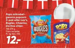 Bilka Popz mikrobølgeovns popcorn 3-pak eller Lay’s, Bugles, Cheetos, Doritos chips, DKK 12 tilbud