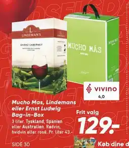 Bilka Mucho Mas, Lindemans eller Ernst Ludwig Bag-in-Box, DKK 129 tilbud