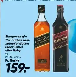 Bilka Skagerrak gin, The Kraken rom, Johnnie Walker Black Label eller Ruby, DKK 159 tilbud