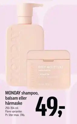Føtex MONDAY shampoo, balsam eller hårmaske, DKK 49 tilbud