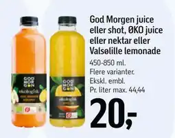 Føtex God Morgen juice eller shot, ØKO juice eller nektar eller Valsølille lemonade, DKK 20 tilbud
