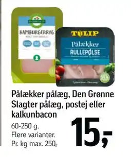 Føtex Pålækker pålæg, Den Grønne Slagter pålæg, postej eller kalkunbacon, DKK 15 tilbud