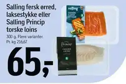 Føtex Salling fersk ørred, laksestykke eller Salling Princip torske loins, DKK 65 tilbud