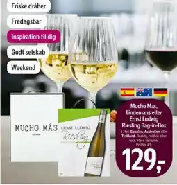 Føtex Mucho Mas, Lindemans eller Ernst Ludwig Riesling Bag-in-Box, DKK 129 tilbud