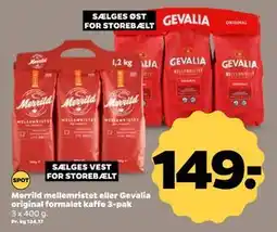 Netto Merrild mellemristet eller Gevalia original formalet kaffe 3-pak, DKK 149 tilbud