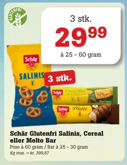 Poetzsch Padborg Schär Glutenfri Salinis, Cereal eller Melto Bar, DKK 29.99 tilbud