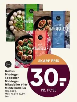 SPAR Gestus Middagskødboller, Middagsfrikadeller eller Minifrikadeller, DKK 30 tilbud