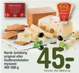 REMA 1000 Norsk Jarlsberg original eller Gudbrandsdalen myseost 450-500 g, DKK 45 tilbud