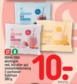 REMA 1000 REMA 1000 økologisk rød, blå eller gul smoothieblanding 2 portioner Dybfrost 200 g, DKK 10 tilbud