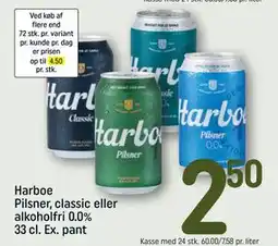 REMA 1000 Harboe Pilsner, classic eller alkoholfri 0.0% 33 cl. Ex. pant, DKK 2.5 tilbud