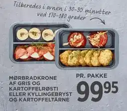 MENY MØRBRADKRONE AF GRIS OG KARTOFFELRØSTI ELLER KYLLINGEBRYST OG KARTOFFELTÅRNE, DKK 99.95 tilbud