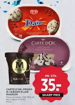 MENY CARTE D’OR, FRISKO IS I BÆGER ELLER MAGNUM, DKK 35 tilbud