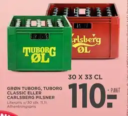 MENY GRØN TUBORG, TUBORG CLASSIC ELLER CARLSBERG PILSNER, DKK 110 tilbud