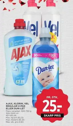MENY AJAX, KLORIN, VEL REGULAR 2-PAK ELLER DUN-LET, DKK 25 tilbud