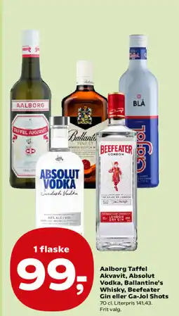 Kvickly Aalborg Taffel Akvavit, Absolut Vodka, Ballantine's Whisky, Beefeater Gin eller Ga-Jol Shots tilbud