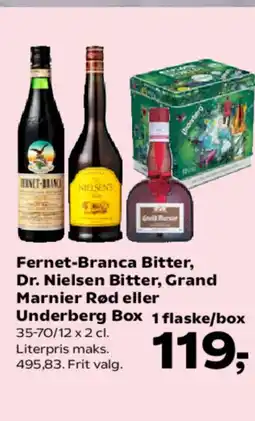 Kvickly Fernet-Branca Bitter, Dr. Nielsen Bitter, Grand Marnier Rød eller Underberg Box 1 flaske/box tilbud