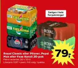 Kvickly Royal classic eller pilsner, pepsi max eller faxe kondi 20-pak flere varianter. 20 x 33 cl. tilbud