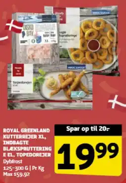 Løvbjerg ROYAL GREENLAND KUTTERREJER XL, INDBAGTE BLÆKSPRUTTERING E EL. TOPEDOREJER Dybfrost tilbud