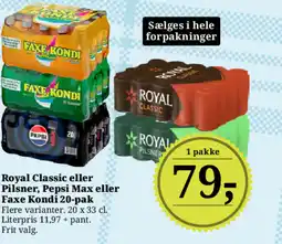 Dagli'Brugsen Royal Classic eller Pilsner, Pepsi Max eller Faxe Kondi 20-pak tilbud
