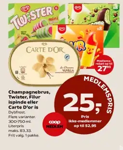 SuperBrugsen Champagnebrus, Twister, Filur ispinde eller Carte D'or is tilbud