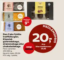 SuperBrugsen Dan Cake fyldte trøffelkugler, Klassisk gulerodskage, chokoladekage tilbud