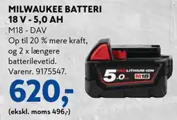 Davidsen MILWAUKEE BATTERI 18 V - 5,0 AH, DKK 620 tilbud