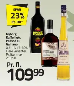 Fleggaard Nyborg Kaffelikør, Passoã el. Galliano, DKK 109.99 tilbud