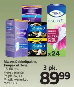 Fleggaard Always Dobbeltpakke, Tampax el. Tena, DKK 89.99 tilbud