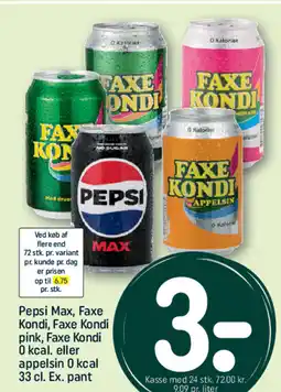 REMA 1000 Pepsi Max, Faxe Kondi, Faxe Kondi pink, Faxe Kondi 0 kcal. eller appelsin 0 kcal Ex. pant tilbud
