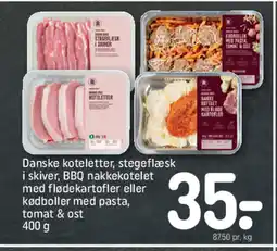REMA 1000 Danske koteletter, stegeflæsk i skiver, BBQ nakkekotelet med flødekartofler eller kødboller med pasta, tomat & ost tilbud