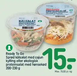 REMA 1000 Ready To Go Sprød kålsalat med cajun kylling eller økologisk proteinsalat med hønsekød tilbud