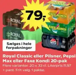 Kvickly Royal Classic eller Pilsner, Pepsi Max eller Faxe Kondi 20-pak tilbud