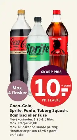 SPAR Coca-Cola, Sprite, Fanta, Tuborg Squash, Ramlösa eller Fuze, DKK 10 tilbud