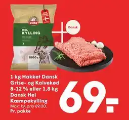 SPAR 1 kg Hakket Dansk Grise- og Kalvekød 8-12% eller 1,8 kg Dansk Hel Kæmpekylling, DKK 69 tilbud