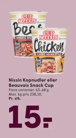 SPAR Nissin Kopnudler eller Beauvais Snack Cup, DKK 15 tilbud