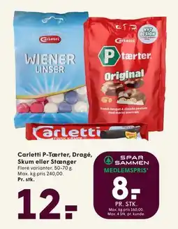 SPAR Carletti P-Tærter, Dragé, Skum eller Stænger, DKK 12, App-pris tilbud