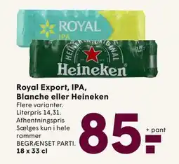 SPAR Royal Export, IPA, Blanche eller Heineken, DKK 85 tilbud