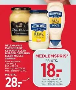 MENY HELLMANN'S MAYONNAISE, KETCHUP ELLER BURGER DRESSING ELLER MAILLE SENNEP, DKK 28, App-pris tilbud