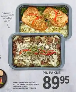 MENY HAKKEBØF BEARNAISE ELLER SKINKESCHNITZLER MED ÆRTER OG BEARNAISEKARTOFLER, DKK 89.95 tilbud