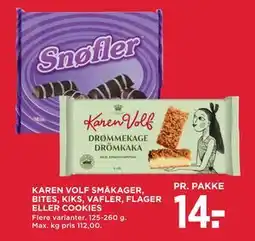 MENY KAREN VOLF SMÅKAGER, BITES, KIKS, VAFLER, FLAGER ELLER COOKIES, DKK 14 tilbud