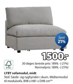 JYSK LYBY sofamodul, midt, DKK 1500 tilbud