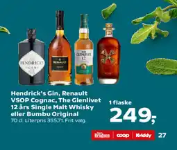 SuperBrugsen Hendrick's gin, renault vsop cognac, the glenlivet 1 flaske 12 års single malt whisky eller bumbu original tilbud