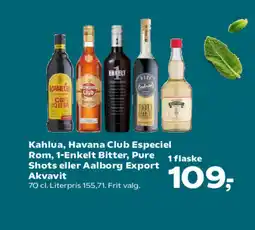 SuperBrugsen Kahlua, Havana Club Especiel Rom, 1-Enkelt Bitter, Pure Shots eller Aalborg Export Akvavit tilbud