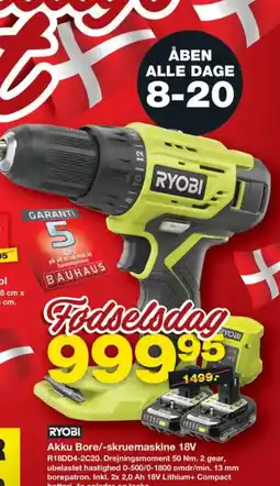 Bauhaus RYOBI Akku Bore/-skruemaskine 18V tilbud