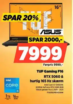 Power TUF Gaming F16 RTX 5060 & hurtig 165 Hz skærm tilbud